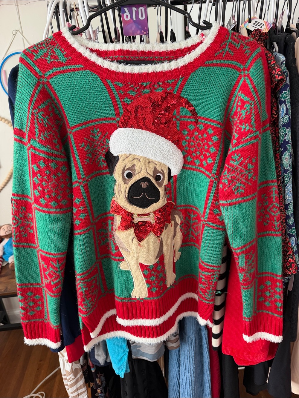 Festive Pug Holiday Sweater Red & Green